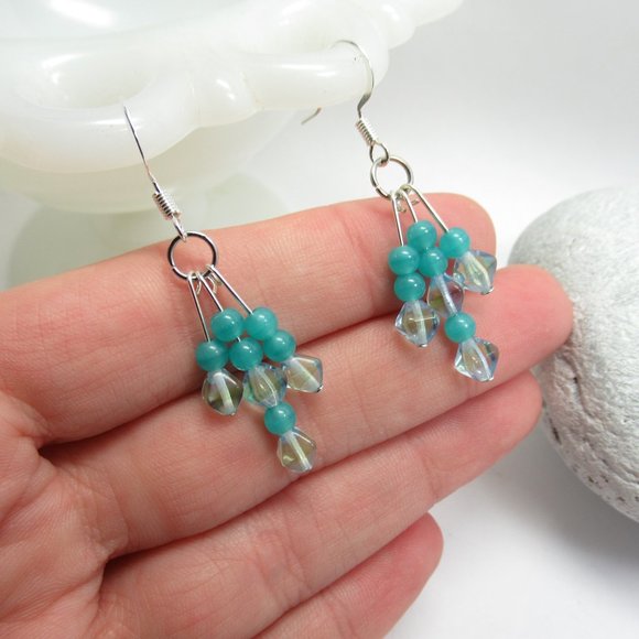 Triple Fringe Czech Uranium glass bead earrings - Picture 2 of 13